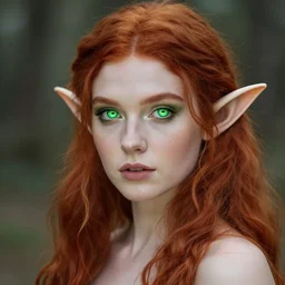 a beautiful Druid elf girl with red hair and glowing green eyes