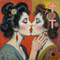 beautiful painting of two bizarre psychedelic women kissing each other closeup in japan 1 9 7 0, speculative evolution, mixed media collage by basquiat and alex grey, magazine collage art, sapphic art, lesbian art