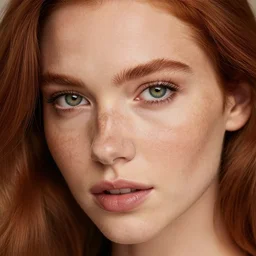 highly detailed close up portrait of a beautiful woman, ginger hair, lightly freckled, green eyes, seductive look
