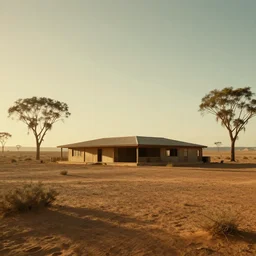 A serene landscape with a singular building in the style of the Mad Max Fury Road movie still frame