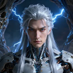 hyperrealistic cinematic, cyborg with brilliant silver flowing hair, detailed skull cave, blue lightning in the sky, stunning 3 d render inspired by istvan sandorfi & greg rutkowski, perfect symmetry, dim volumetric cinematic lighting, 8 k octane comprehensive render, extremely mega hyper - detailed and lifelike attributes & atmosphere, intricate, realistic flesh texture, masterpiece, artstation, stunning
