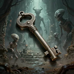 the key to a thousand year old paranormal mystery, photo real, ultra detailed, ancient conspiracy, danger, aliens and demons