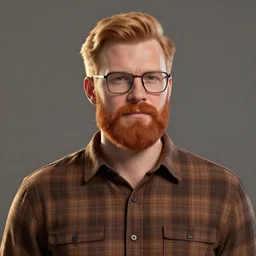 hearts of iron 4 portrait of a man with short ginger hair, square glasses, ginger beard, plaid brown shirt, rim lighting, muted colors, trending on artstation, character portrait, ylva ljungqvist, paradox interactive