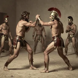 brutal spartan men fistfighting in pit, sparta, daguerreotype photograph, ancient photograph
