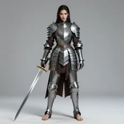 full body portrait of a barefoot vampire swordswoman by guweiz, real human feet, barefoot, heavy plate armor, historical armor, fully armored, two - handed sword, lithe, athletic, beautiful face, detailed, anatomically accurate, reasonable fantasy, guweiz, z. w. gu on artstation, 4 k.