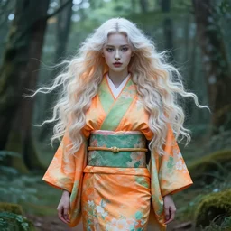 dreamlike luxury stunning gorgeous woman fairy full body portrait, pale orange and green kimono long wavy hair windy, art by artgerm, wlop, loish, ilya kuvshinov, 8 k hyperrealistic, hyperdetailed, magic forest beautiful lighting, detailed background, depth of field, symmetrical face, frostbite 3 engine, cryengine,