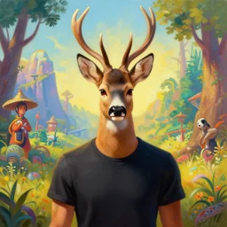 a portrait painting of a roe deer in black shirt ， humanoid, anthropomorphic, personify, trending on artstation by wenjun lin, irakli nadar, bright colors, octopath traveler, wenjun lin, unreal engine 5 highly rendered, global illumination, radiant light, detailed and intricate environment