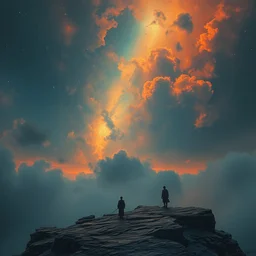it is lonely at the edge of the world, melancholic, vibrant night sky, warm lighting, cinematic, highly detailed, masterpiece by ruan jia, tom bagshaw