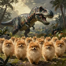 concept art painting of a herd of pomeranians in jurassic park, by james gurney and greg rutkowski
