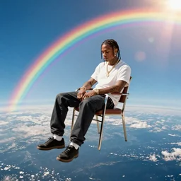 Travis Scott sitting on a chair floating over Earth, 4k, Aubrey Powell, vintage photo, lens flare, beautiful cinematography, rainbow, surreal, film grain