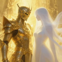paladin and ghost duo, golden, ethereal back light, volumetric light, close up, coherent composition, fantasy painting by artgerm, noriyoshi ohrai, yuumei