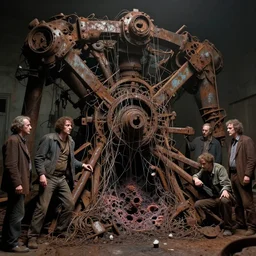 movie still of intricate goliath machine, rusted, macerated, abandoned, eviscerated by fimbria wires, gangrene pit, fungal pit, by alberto bontempi, shigeru komatsuzaki, wayne d barlowe, alex ross, simon bisley & boris vallejo, enric torres, hyper realism, cinematical, narrative light, muted