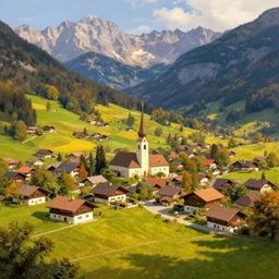 matte painting of village szene in beautiful mountain landscape in the bavarian alps, by albert whitlock, amazing details, beautiful composition, vibrant colors, bird eye view, luminescent, warm hue's