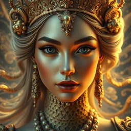 wonderful princess made of gold, beautiful face, hyper detailed, flowing psychadelic background intricate and detailed, ornate 8 k gorgeous intricate detailed, octane render