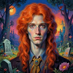 A psychedelic portrait of graveyard garret levistusson , vibrant color scheme, highly detailed, in the style of romanticism, cinematic, artstation, Moebius, Greg rutkowski futurism, no blur, 4k resolution, sharp ages, ultra detailed, style of John Berkey, Norman Rockwell, Hans Thoma, Ivan Shishkin, Tyler Edlin, Thomas Kinkad