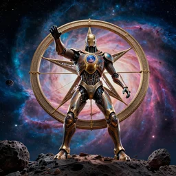 movie still frame, giant moebius starwatcher in epic pose, standing on an asteroid,, a psychedelic nebula in the background, intricate details, beautiful composition, 8 k, cgi, by ridley scott, james cameron, zack snyder and michael bay