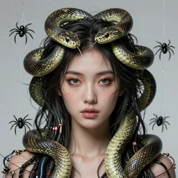 beauty woman with snakes for hair, detailed face, surrounded by spiders, very detailed, dramatic lighting, electrical details, high details, 4k, 8k, trending on artstation, by Hajime Sorayama and Boris Vallejo