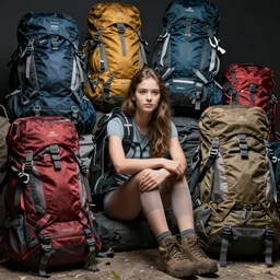 a girl trapped under a big pile of hiking backpacks, model, dramatic lighting