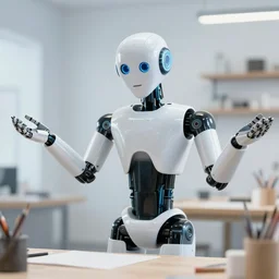 a robot artist shrugging.