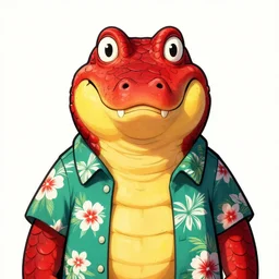in the style of artgerm, loish, ross tran and elysecastro, cartoon anthropomorphic alligator, symmetrical face, symmetrical eyes, red scales on his back, yellow scale on his belly and chest, male, waring a hawaiian shirt, cgsociety