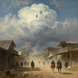 ghostly cowboys in clouds above in dusty wild west street, art by anders zorn, wonderful masterpiece by greg rutkowski, beautiful cinematic light, american romanticism by greg manchess, jessica rossier