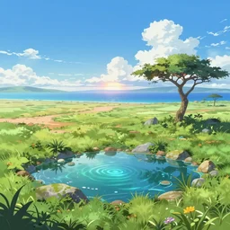 an enchanted anime isekai sunset on the savanna with an ocean in the background., a lush oasis, anime aesthetic, bright blue and cyan sky. by greg rutkowski, in the style of a grand adventure