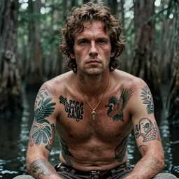 7 0 s film still from a horror movie about the bayou and tattoos, kodachrome, cinecolor, cinestill, film grain, film texture, retro, cinematic, high resolution, photorealism,
