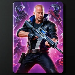 cyberpunk young bruce willis holding an alien assault rifle, dynamic pose, front view, neon lights, lens flare, alien technology, glowing lights, front game card, video game, dark, intricate, highly detailed, smooth, artstation, digital illustration by ruan jia and mandy jurgens and artgerm and wayne barlowe