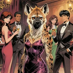 beautiful portrait commission of a female furry anthro hyena wearing a cocktail dress at a cocktail party. Atmospheric. Character design by charlie bowater, ross tran, artgerm, and makoto shinkai, detailed, inked, western comic book art