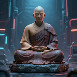 a meditating android monk sitting on a stone, cyberpunk style,