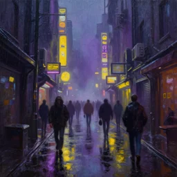 oil painting of narrow dirty!!!!! cyberpunk street in rainy night, crowd!!!, purple yellow neons, heave foggy, scifi, wet winter, low angle shot, water reflect, lush detail, cinematic lighting, sharp focus, hyperrealism, volumetric light, by sebastian luca on artstation. 4 k, concept art.