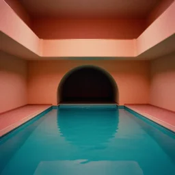 color photograph of a retrofuturist liminal pool room with a dark tunnel and terraces, minimalist, oddly familiar, cinematic, dramatic lighting, soft vintage glow, noisy