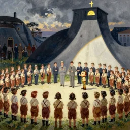 Painting of a the inauguration of Beaver from (Leave it to Beaver) by Norman Rockwell & Zdzisław Beksiński