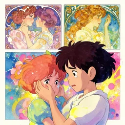 a vibrant emotional comic panel of two crying lovers, studio ghibli, pixar and disney animation, sharp, disney concept art maximalist splatter paint illustration by shinji kimura and alphonse mucha and alena aenami, pastel color palette, bloom!!, dramatic lighting