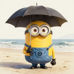 an epic painting minion holding umbrella at the beach with silly face, pencil drawing, perfect composition, golden ratio, beautiful detailed, photorealistic, digital painting, concept art, smooth, sharp focus, illustration, artstation trending, octane render, unreal engine