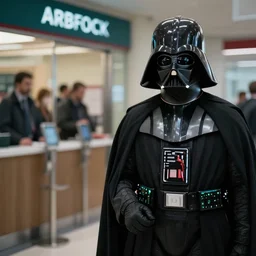 annoyed darth vader, waiting patiently in line at the bank
