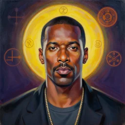 portrait of wesley snipes by mandy jurgens, cartoon, oil painting, visionary art, symmetric, magic symbols, holy halo, dramatic ambient lighting, high detail, vibrant colors,