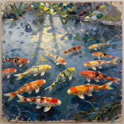 impressionist oil painting of misty koi pond, vibrant colors, cracked paint, faded edges