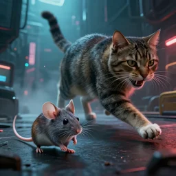 an alive mouse!! and a big cat!!, being chased!!, by mark ryden in cyberpunk environment, 4 k ultra high resolution, horror, long camera shot