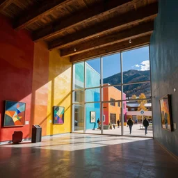 interior view overlooking a spectacular incredible beautiful art museum, located in aspen colorado, bright colored buildings