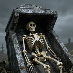 An realistic, detailed image of an living skeleton rising from his crypt