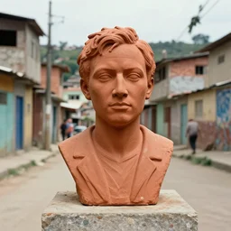 vintage color photo of the portrait of vitalik buterin, terracotta sculpture in the middle of a poor brazilian favela street, image by werner herzog