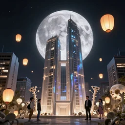 blockchain headquater nendroid ginoid by zdzislaw beksinski, hajime sorayamam, matt groening and rembrandt, bone plants, the moon is big an in the city, glowing paper lanterns, high fashion, magic details, hd, 8 k, trending on artstation, uhd