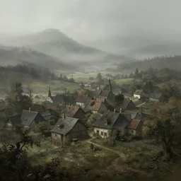 matte painting of a countryside landscape of a 1 8 th century village. gloomy, fog, elaborate, detailed digital art trending in artstation