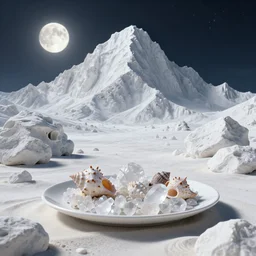 octane render uhd, filmic lighting, cinematic art shot, hyperrealistic, hyperdetailed, super detailed, 8 k, high resolution, sandy white moon landscape, white rocks made of bone, seashell food made of crystals on a plate, 8 k uhd matte painting by ross tran and ivan aivazovsky, mega high white mountain, midnight