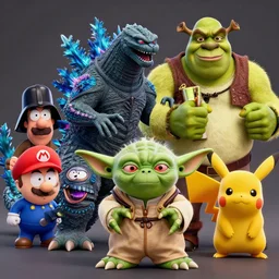 south park godzilla yoda donkey kong pikachu yeti shrek super mario homer groot waluigi darth vader mike wazowski, highly detailed, extremely high quality, hd, 4 k, 8 k, professional photographer, 4 0 mp, lifelike, top - rated, award winning, cinematic, realistic, detailed lighting, detailed shadows, sharp, no blur, edited, corrected, trending