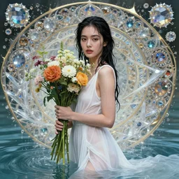 portrait of a beautiful woman wearing a white dress, holding a bouquet of flowing flowers, drenched body, wet dripping hair, emerging from the water, fantasy, regal, fractal crystal, fractal gems, by ross tran, stanley artgerm lau, greg rutkowski, thomas kindkade, alphonse mucha, loish, norman rockwell