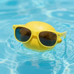 A lemon wearing sunglasses is on a pool