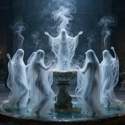 the ghosts of the past, present and the future dancing around the fountain of youth and wisdom translucent transparent smoke
