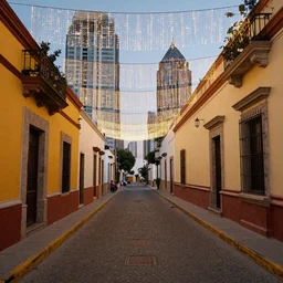 A clean wide alleyway in Mexico with glittering lights above the street, skyscrapers in the distance, 4k wallpaper, trending on artstation